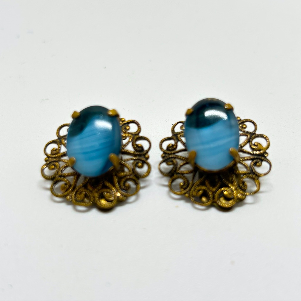 West Germany Gold Filigree Earrings Light And Dark Blue Glass Stones Vintage 10$